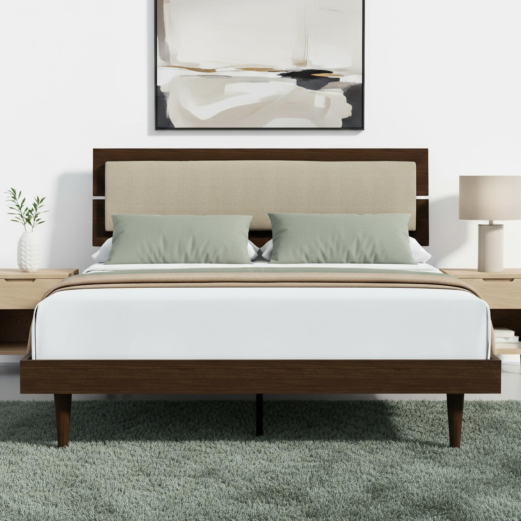 ComfIQ HavenWood Modern Solid Wood Platform Bed with Optional Adjustable Headboard with Cushion in Walnut