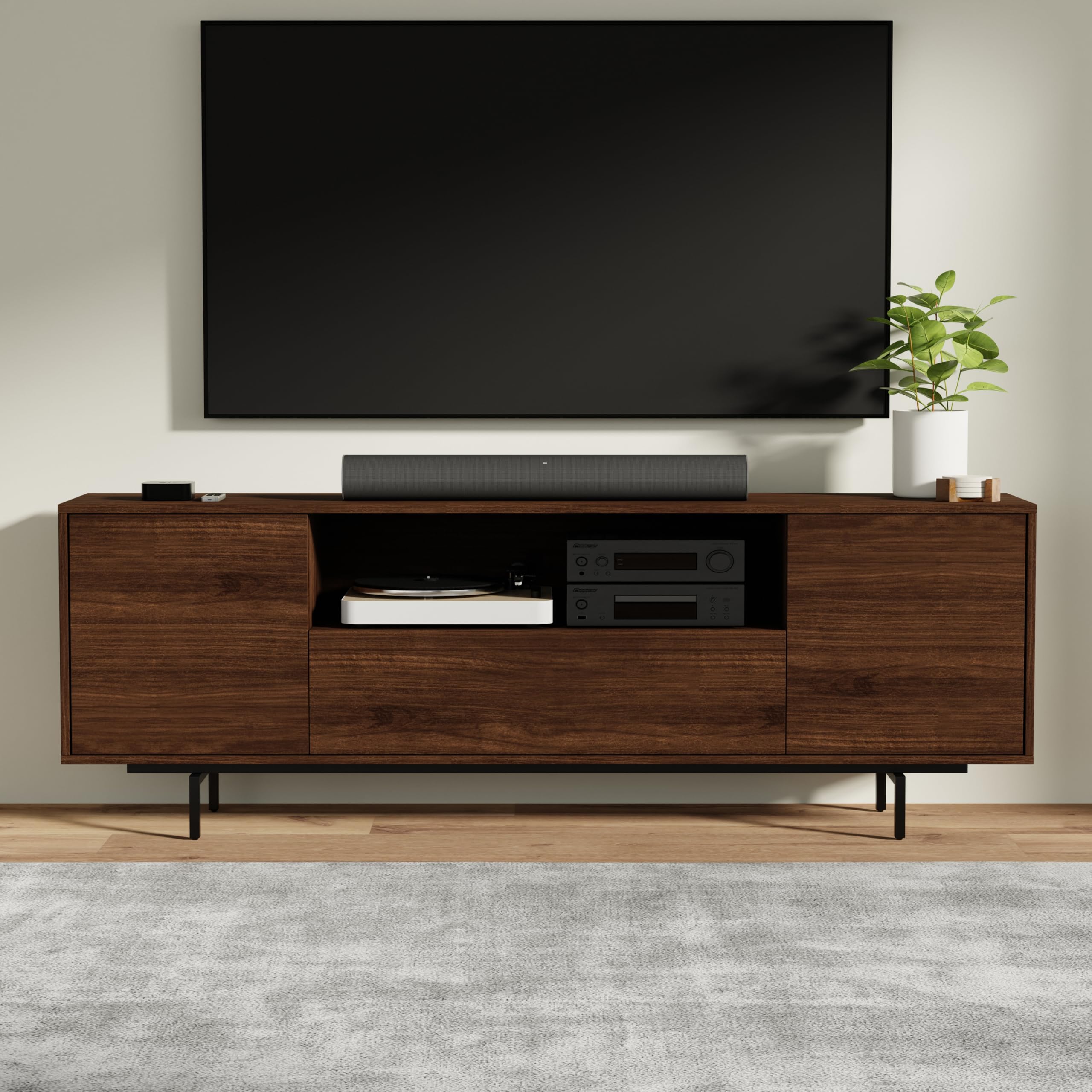 Norrhaus 75 x 26 Inch Modern TV Stand with Center Channel Speaker Shelf and Flip Down Door