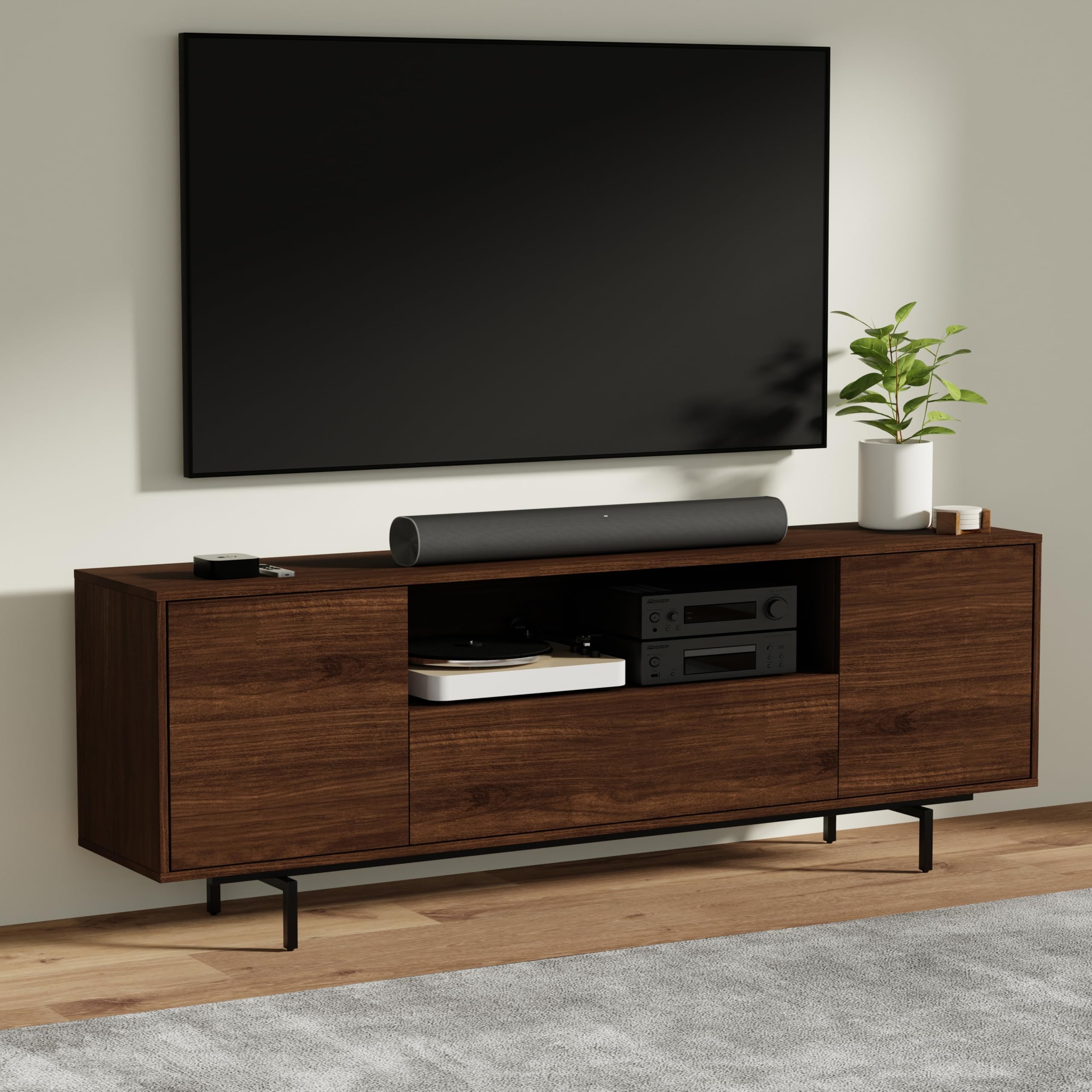 Norrhaus 75 x 26 Inch Modern TV Stand with Center Channel Speaker Shelf and Flip Down Door – image 3