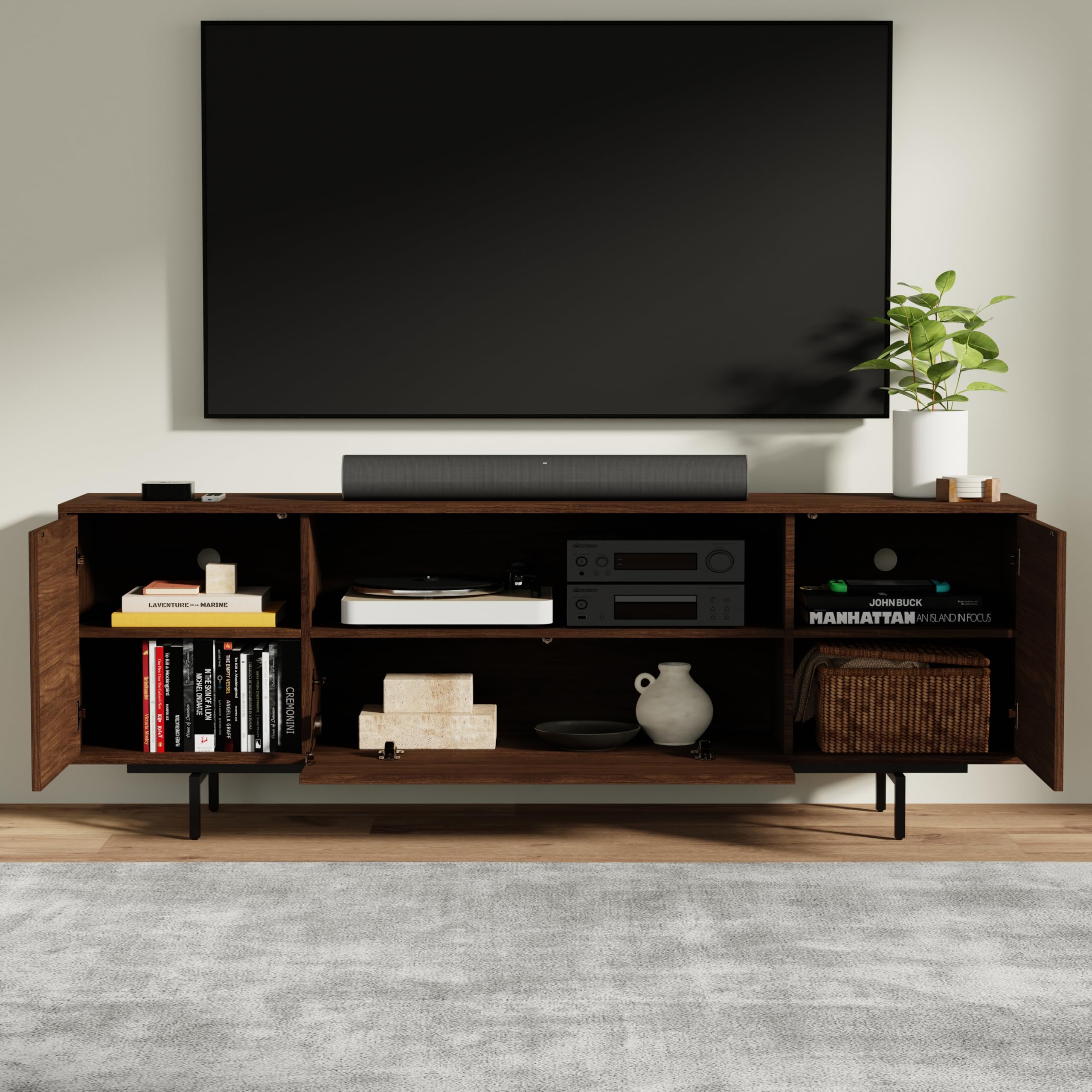 Norrhaus 75 x 26 Inch Modern TV Stand with Center Channel Speaker Shelf and Flip Down Door – image 5