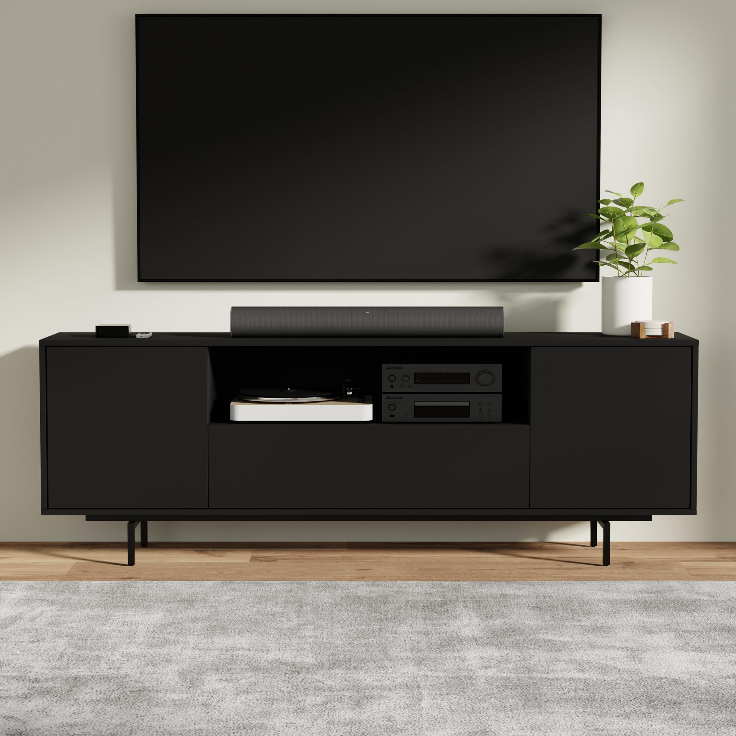 Norrhaus 75 x 26 Inch Modern TV Stand with Center Channel Speaker Shelf and Flip Down Door