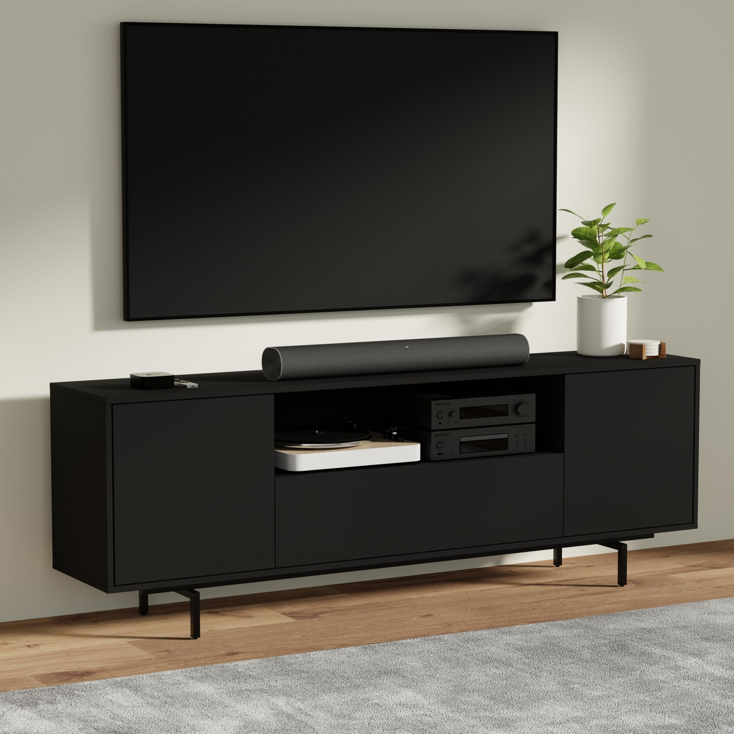 Norrhaus 75 x 26 Inch Modern TV Stand with Center Channel Speaker Shelf and Flip Down Door – image 3