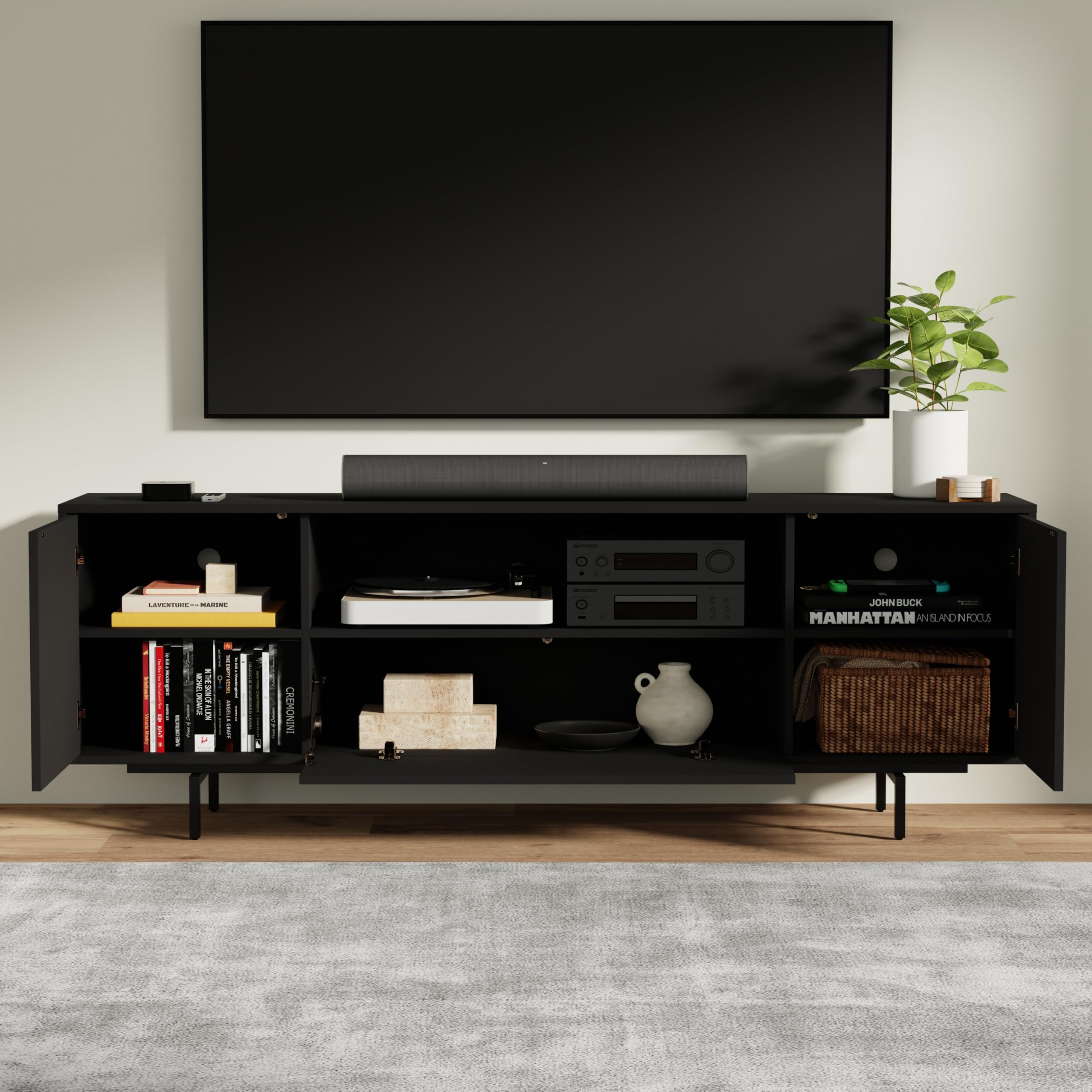 Norrhaus 75 x 26 Inch Modern TV Stand with Center Channel Speaker Shelf and Flip Down Door – image 5