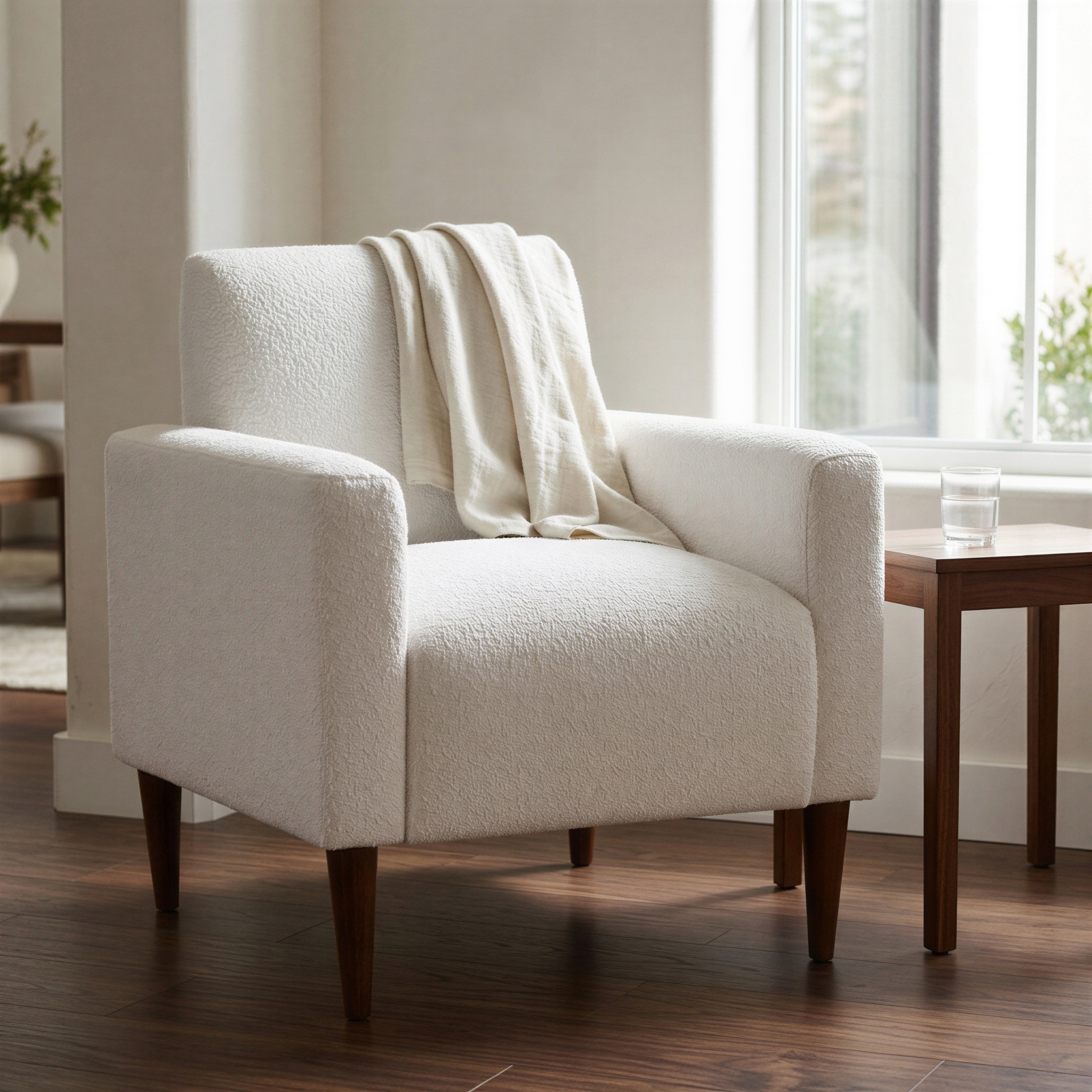 Clara Bouclé Accent Chair in Milky White with Tapered Brown Legs