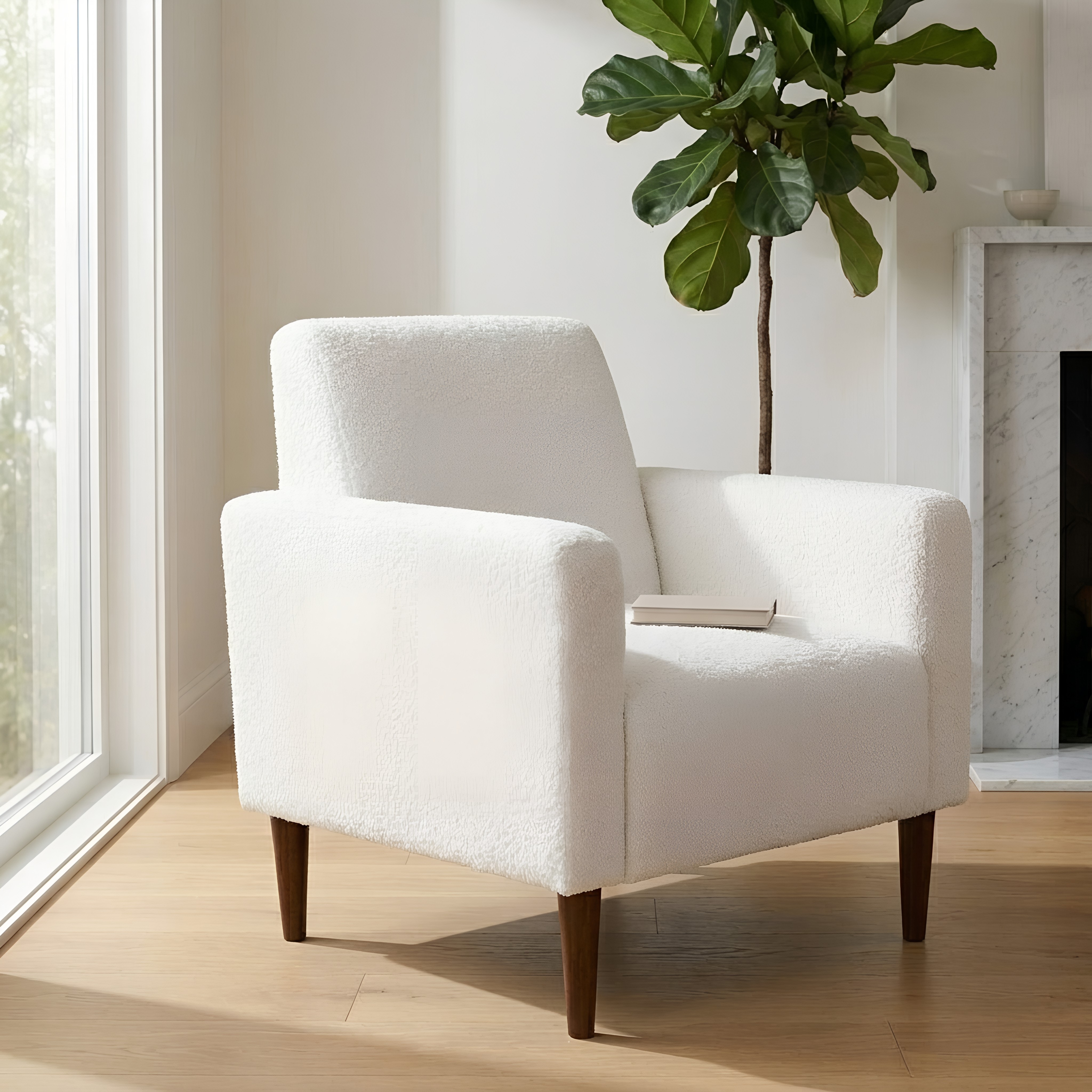 Clara Bouclé Accent Chair in Milky White with Tapered Brown Legs – image 10