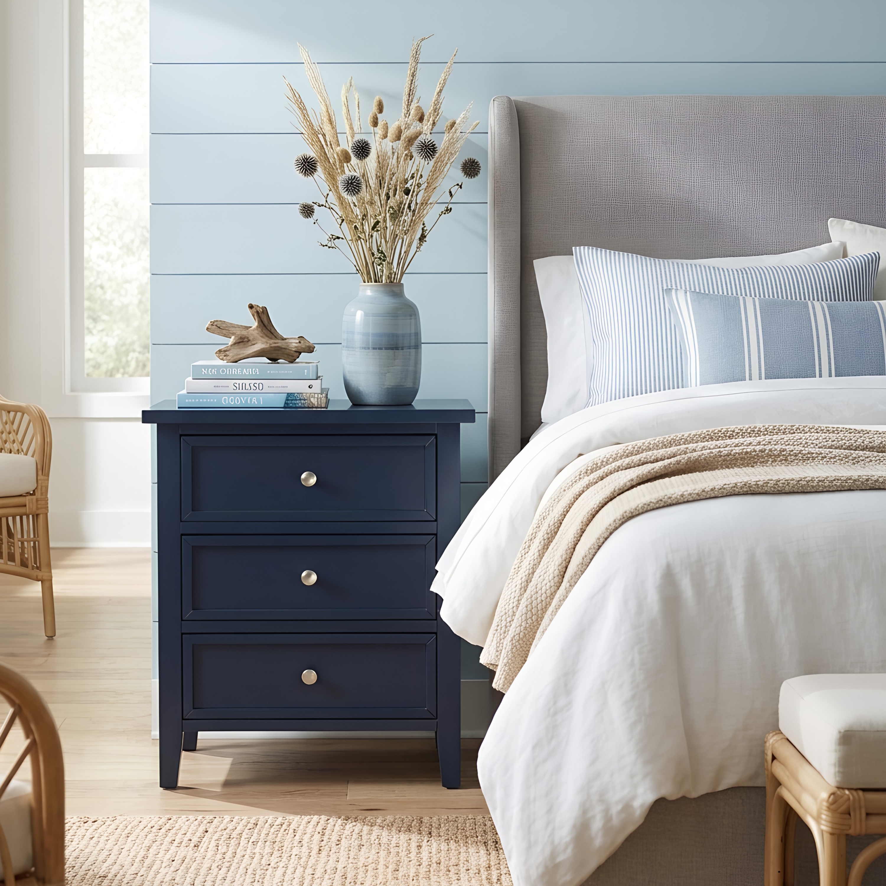 Lawton 3-Drawer Nightstand with Tapered Legs and Nickel Finished Pulls - Midnight Blue