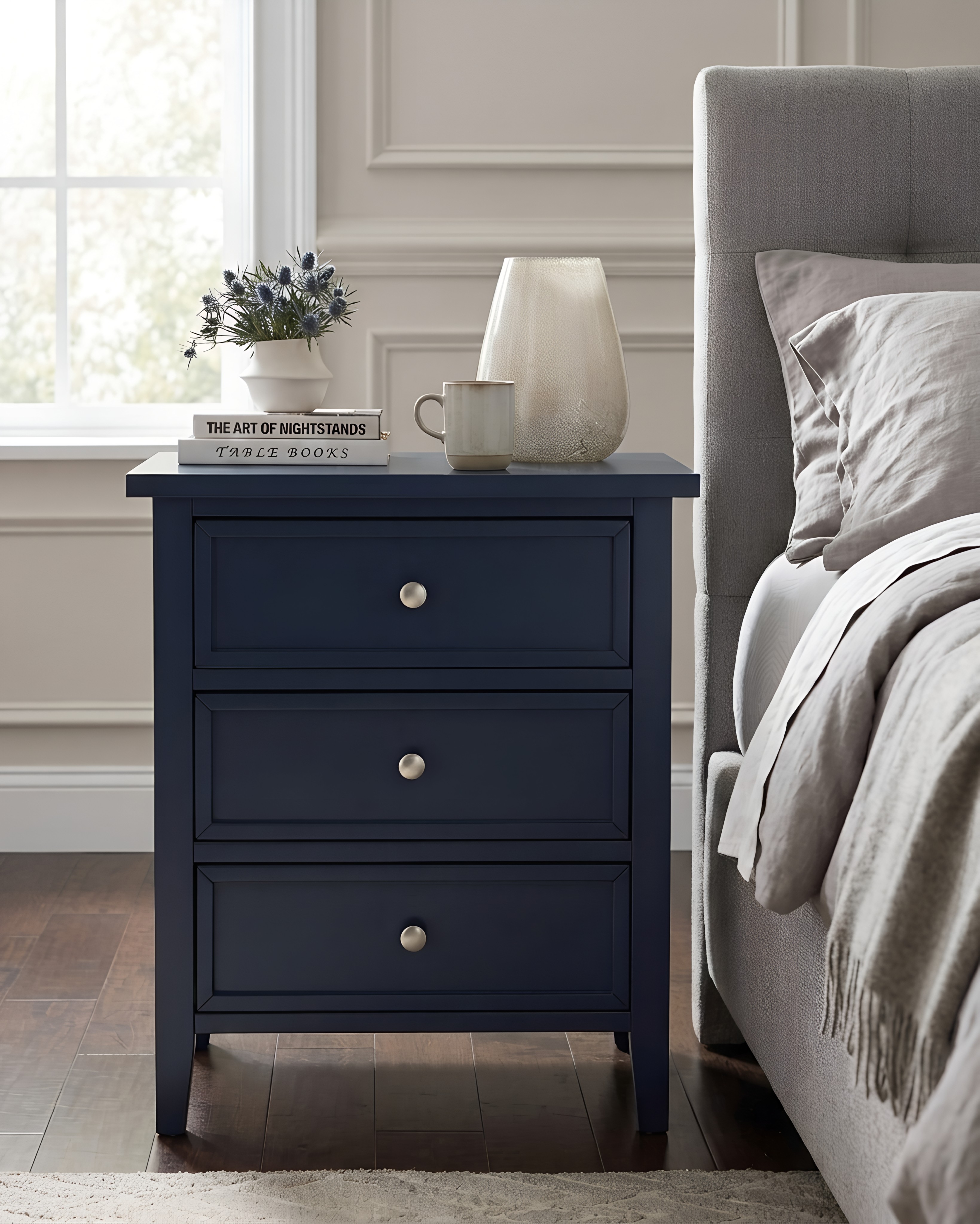 Lawton 3-Drawer Nightstand with Tapered Legs and Nickel Finished Pulls - Midnight Blue – image 2