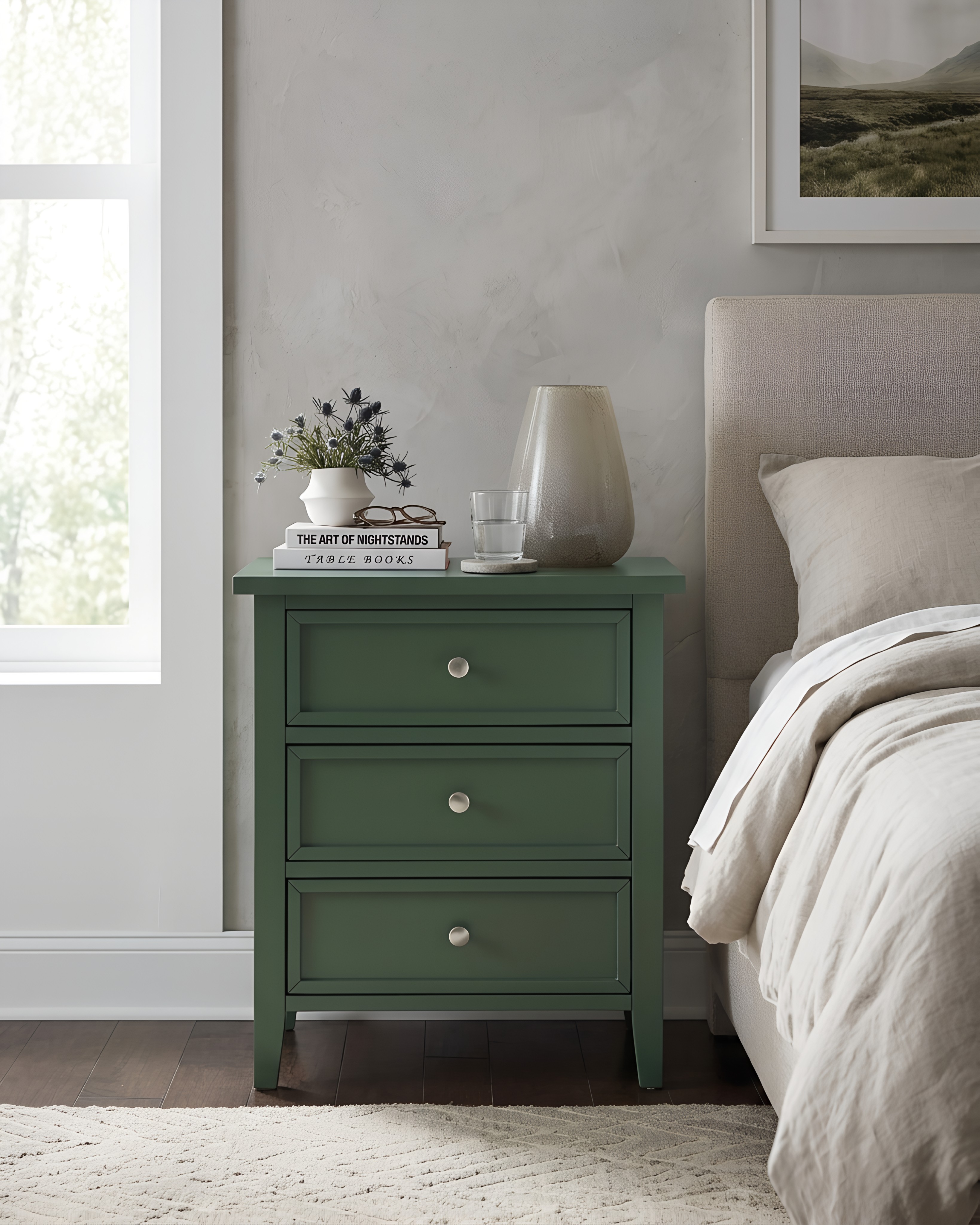 Lawton 3-Drawer Nightstand with Tapered Legs and Nickel Finished Pulls - Vintage Green – image 2