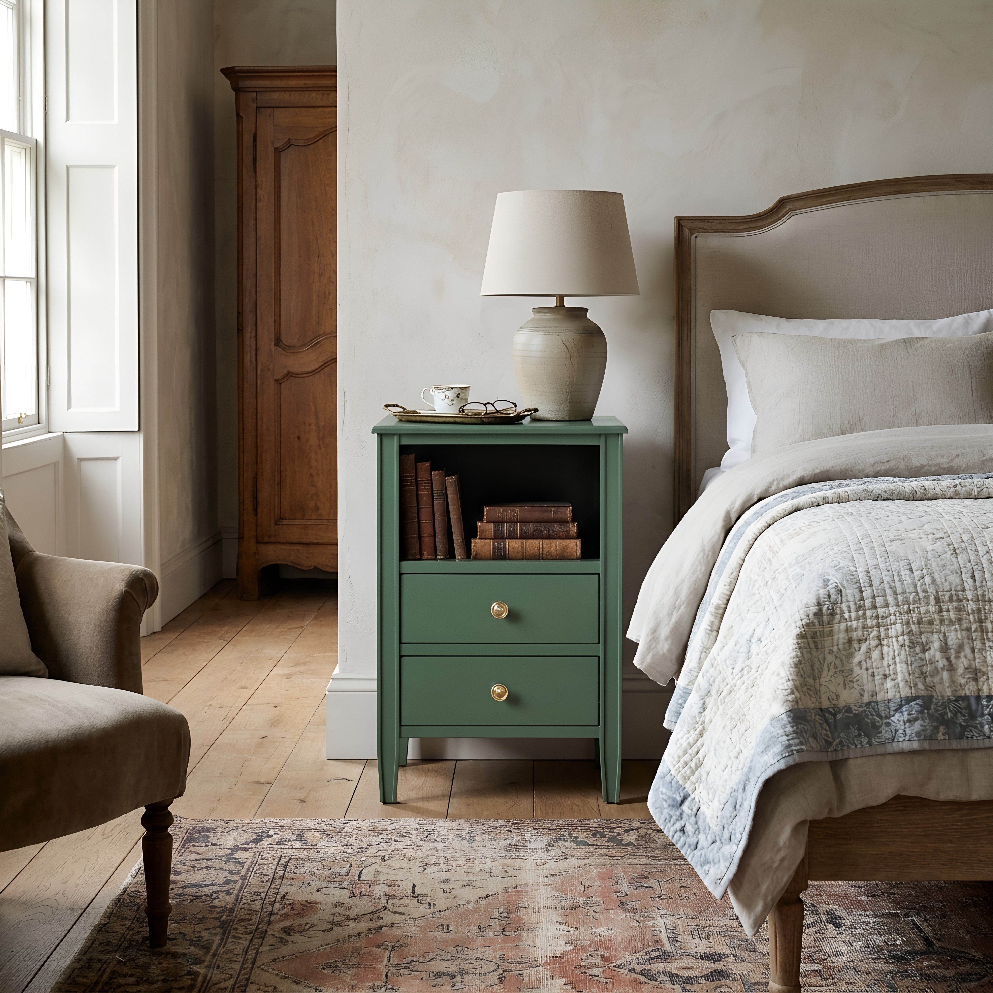 Westhaven 2-Drawer Nightstand with Open Shelf and Brushed Gold Knobs - Vintage Green