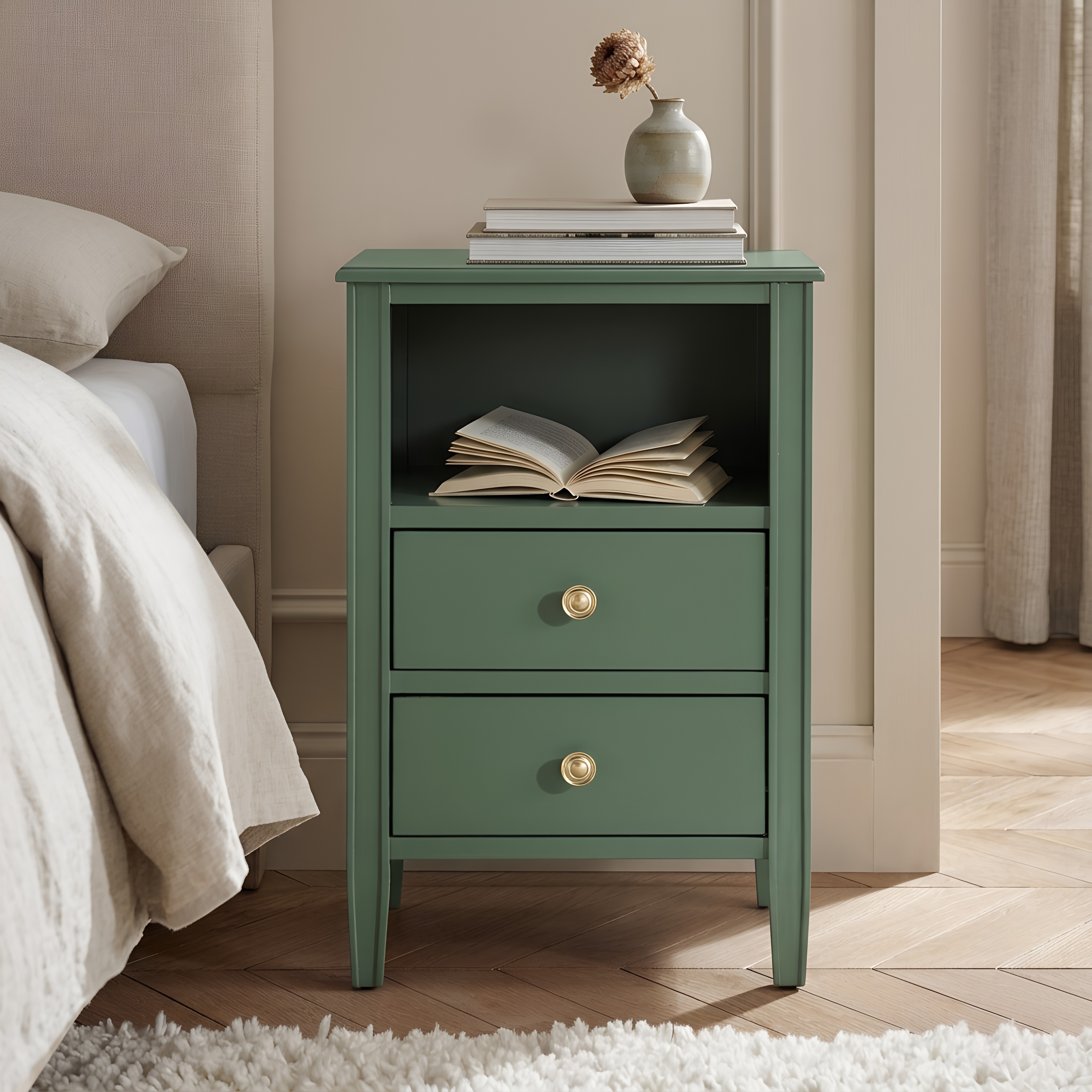 Westhaven 2-Drawer Nightstand with Open Shelf and Brushed Gold Knobs - Vintage Green – image 3